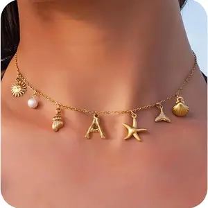 Starfish Shell Initial Necklace Waterproof 18K Gold Plated Stainless Steel Charm Necklaces Surfer Girl Summer Beach Gift