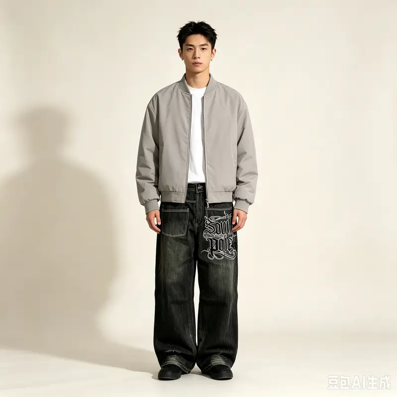 Women's Denim Embroidered Jeans Bottoms, Euro-American Hip-Hop Street Denim Style, Loose Cut Letter Print Wide-Leg Vintage Pants with Pockets
