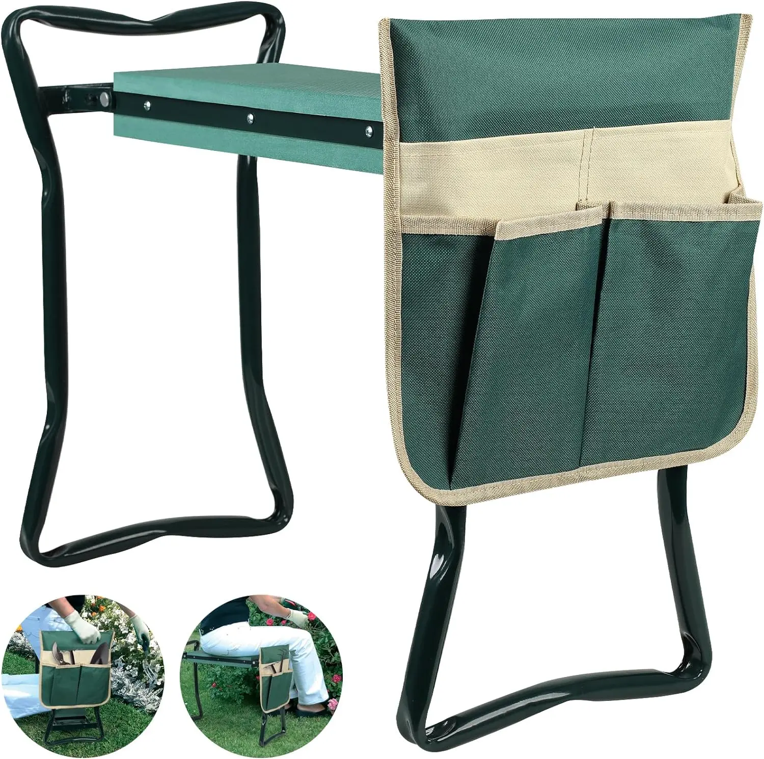 Green Heavy-Duty Garden Kneeler and Seat Stool (6.3" Width) with Extra Kneeling Pad, 1 Tool Pouch, Accessories, Ideal Gift for Women Seniors