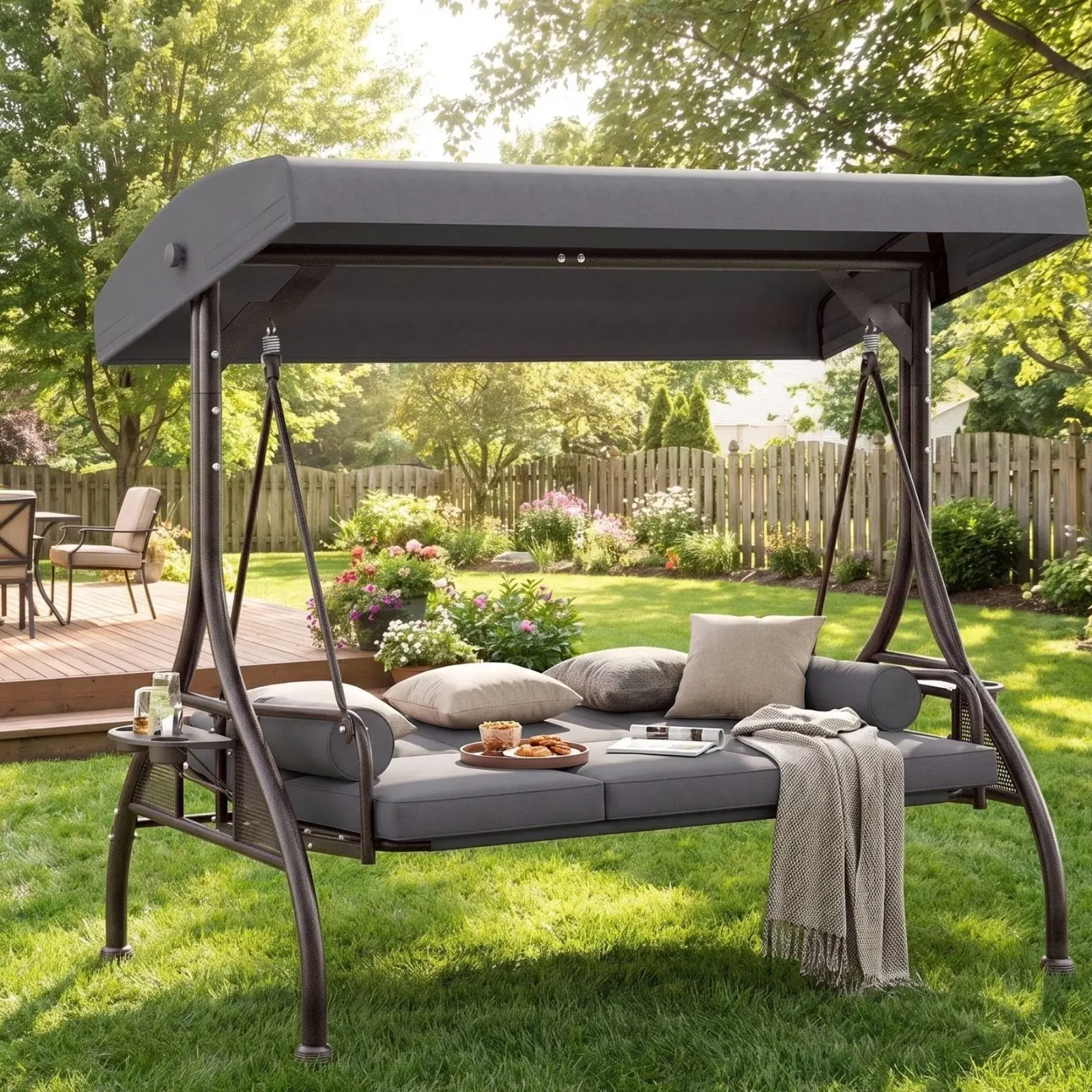 MAMIZO Outdoor Porch Swing with Adjustable Canopy & Stand, 3-Seat Convertible Swing Bed with 2mm Steel Pipe, Patio Swing Chair with Upgraded Cup Holder & Thicken Cushions ＆ Pillows for Patio Porch Balcony Poolside Garden Backyard【tiktokshopsummersale】