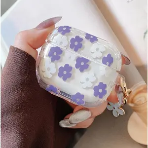 for Cute Airpods 3rd Generation Case Clear, Soft TPU Flower Air Pods 3 Gen Cover Protective Shockproof  Girl Women with Floral Keychain for  iPod 3rd Gen Case - Purple