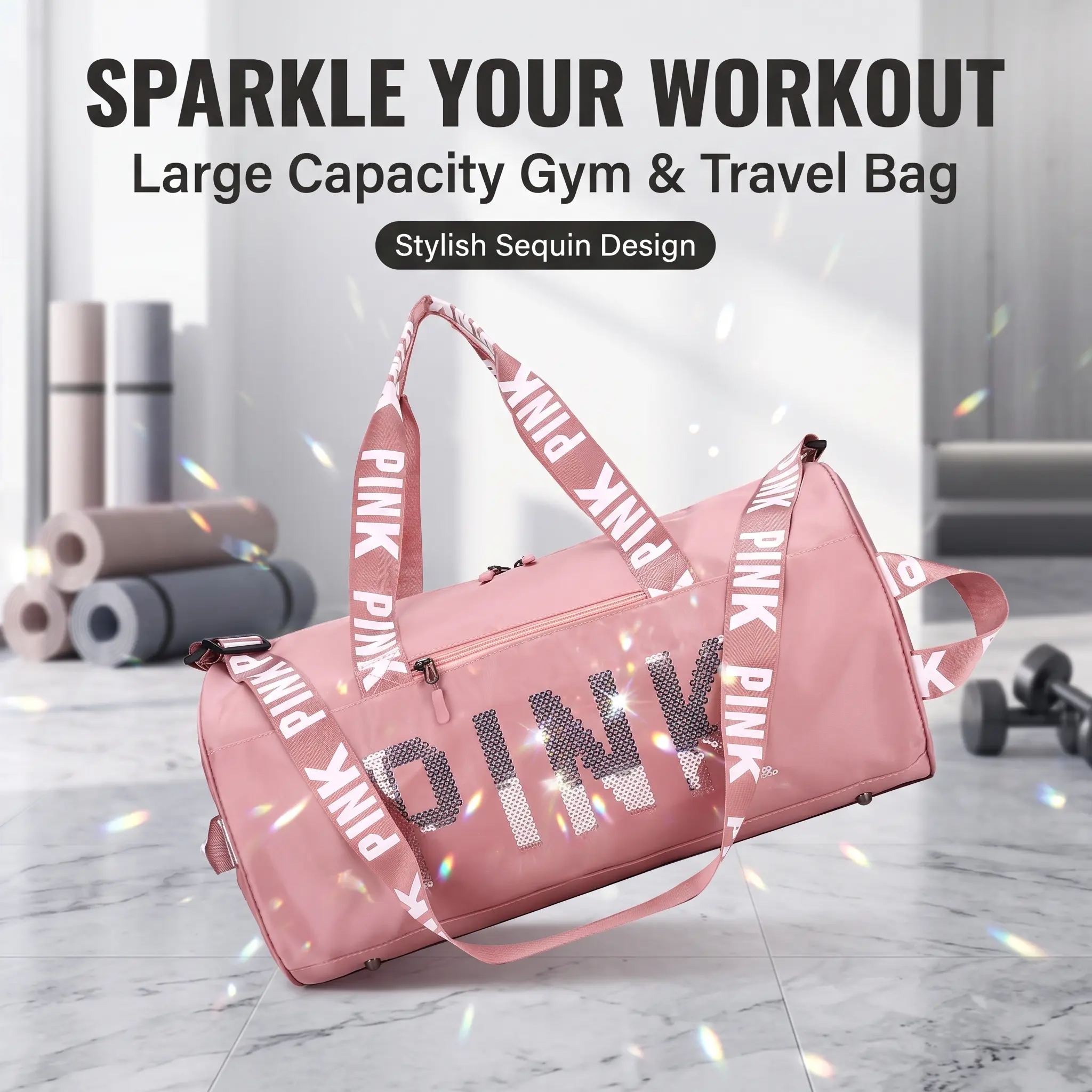 Women's Waterproof Sparkle Sequin Pink Duffle Bag - Large Capacity Sports Fitness, Training, Workout Sport, Yoga Fitness Bag for Gym & Overnight Travel Carry On, Sports Fitness Bag, Training Bag college dorm