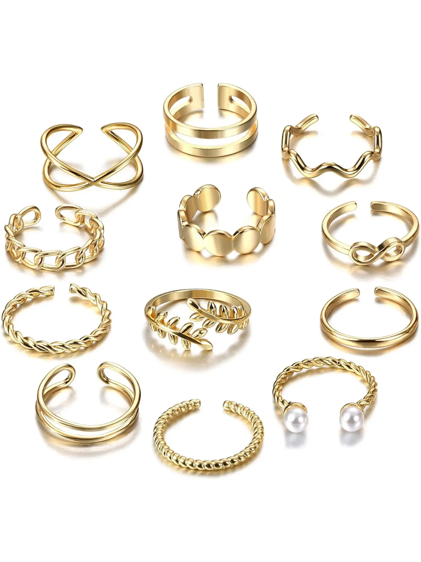 12 Pcs Adjustable Knuckle Rings for Women Gold Plated Stacking Rings Pack Wave Star Moon Dainty Thumb Open Rings Set Stackable Knuckle Rings