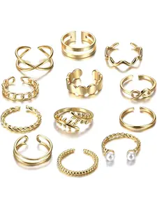 12 Pcs Adjustable Knuckle Rings for Women Gold Plated Stacking Rings Pack Wave Star Moon Dainty Thumb Open Rings Set