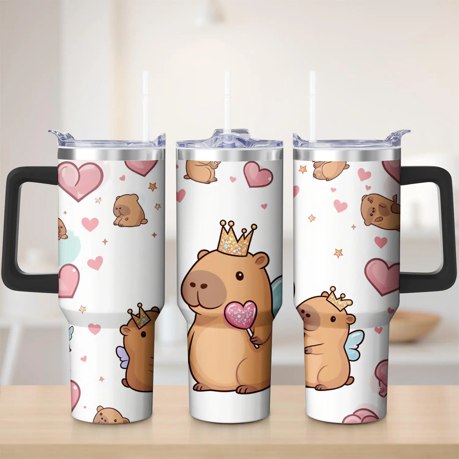 Stainless Steel Travel Mug White Cute Capybara With Crown And Wings Print For Outdoor Camping Hiking And Picnic