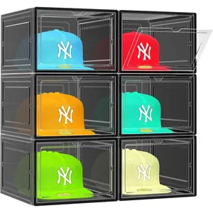 6 Pack Hat Organizer Box, Stackable Clear Baseball Caps Holder Box Containers with Door for Hats Snapback Cap Storag, Hat Rack Display Case, Holds 8 Hats Each (Black)