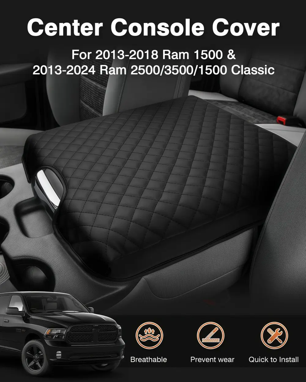 Center Console Cover for 2013-2018 Ram 1500 & 2013-2024 Dodge Ram 2500/3500/1500 Classic Model, PU Leather Armrest Cover Middle Console Cover Accessories, Jump Seat Only
