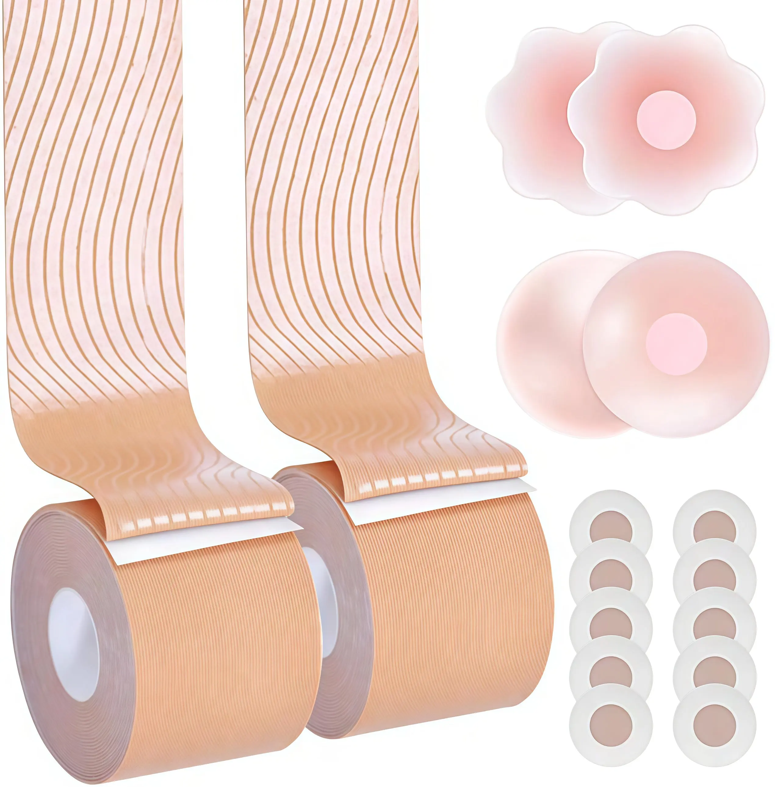 Boob Tape, 2 Rolls, Boobtape Breast Lift Tape, Boob Tape Lift for Big Breast, Anti-Sagging Breast Tape for A-G Cup with Silicone Pasties x 2 Pairs, Reusable Adhesive Bra Beige
