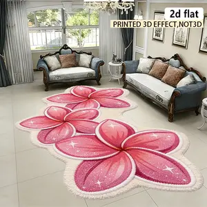 2D flat, irregular carpet with pink flower decoration, soft living room carpet, bedroom decoration beige carpet home thick washable lounge mat