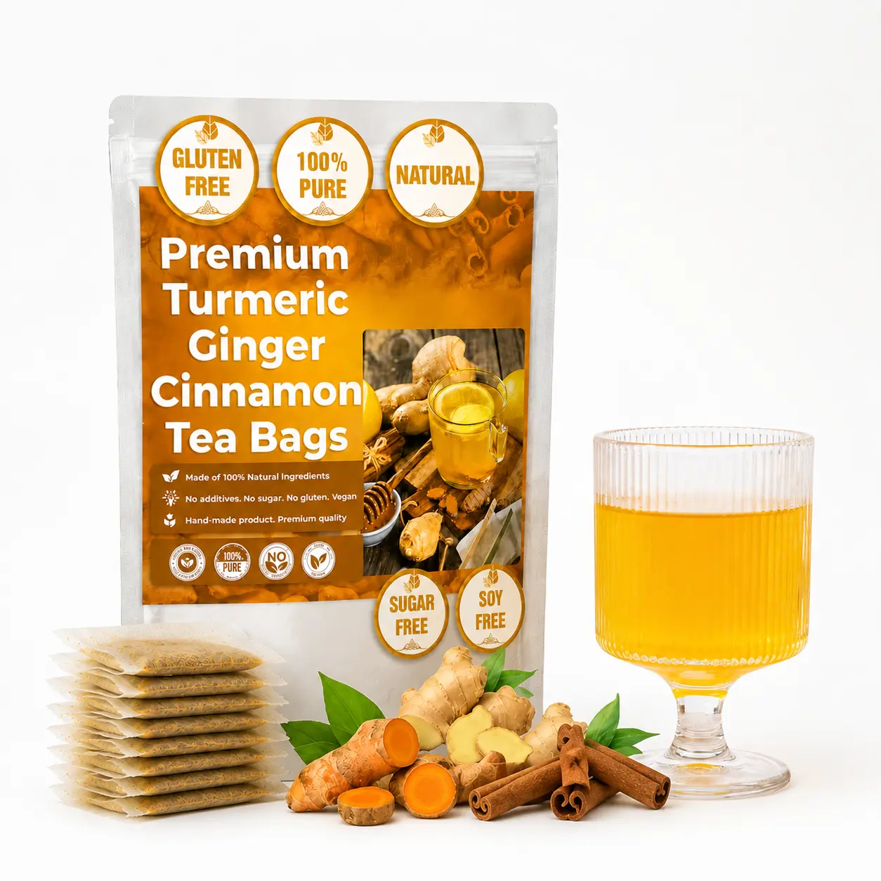 Turmeric Ginger Cinnamon Tea - 60/120-Bags | Natural Detox & Anti-Bloat Wellness Blend (Vegan, Caffeine-Free)
