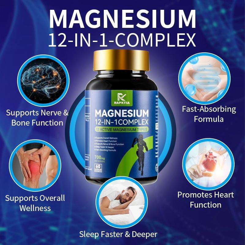 3-Bottle Pack 12-in-1 Magnesium Complex, Relieves Anxiety, Reduces Stress, Improves Sleep, Contains 12 Active Magnesium Types, 60 Capsules