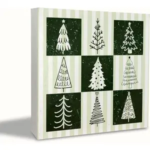 Green Christmas Tree Wooden Box Sign, Green Christmas Table Decor, Checkered Xmas Tree Winter Holiday Wood Box Block Sign for Home Office Desk Tabletop Shelf Decoration 5x5 Inch