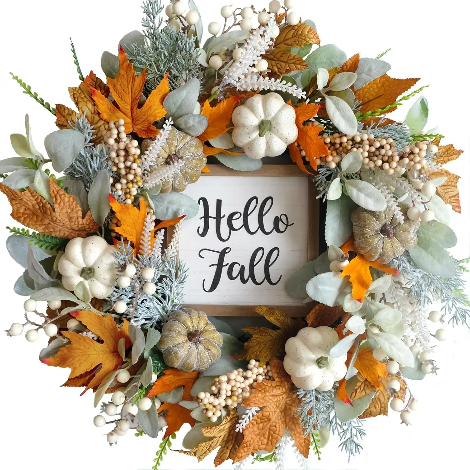 CIR OASES 20in Thanksgiving Fall Wreath with Eucalyptus, Berries, Pumpkins & Lamb Ears Leaves, Festive Decor for Front Door, Porch Wall