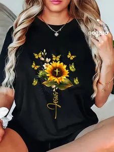 100% Cotton Sunflower Jesus Cross Butterflies Art Religious Christian T-Shirt