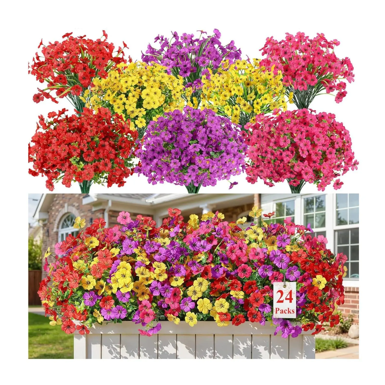 Alupssuc 24 Bundles Artificial Flowers for Outdoors Decoration, UV Resistant Silk Faux Daisy Flora Spring Fake Plastic Plants Greenery for Outside Indoor Yard Home Porch Window Box Decor, Mix 4 Colors