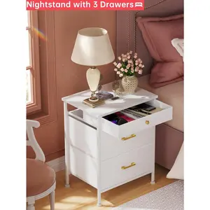 White Nightstand With Different Size Drawer For Valentines, Bedside Table With 3 Fabric Drawers Of Faux Leather, Modern Night Stand End Table For Bedroom, Closet, Entry, Living Room, Nursery, Dorm, 13.8"D X 18.5''W X 25''H, 13.8"D X 18.5"W X 25"H