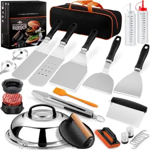 27pcs Griddle Accessories Kit for Blackstone, Professional Hibachi Flat Top Grill Tools, Enlarged Spatula Gift Set with Basting Cover，Burger Press Patty Maker for Outdoor BBQ Teppanyaki
