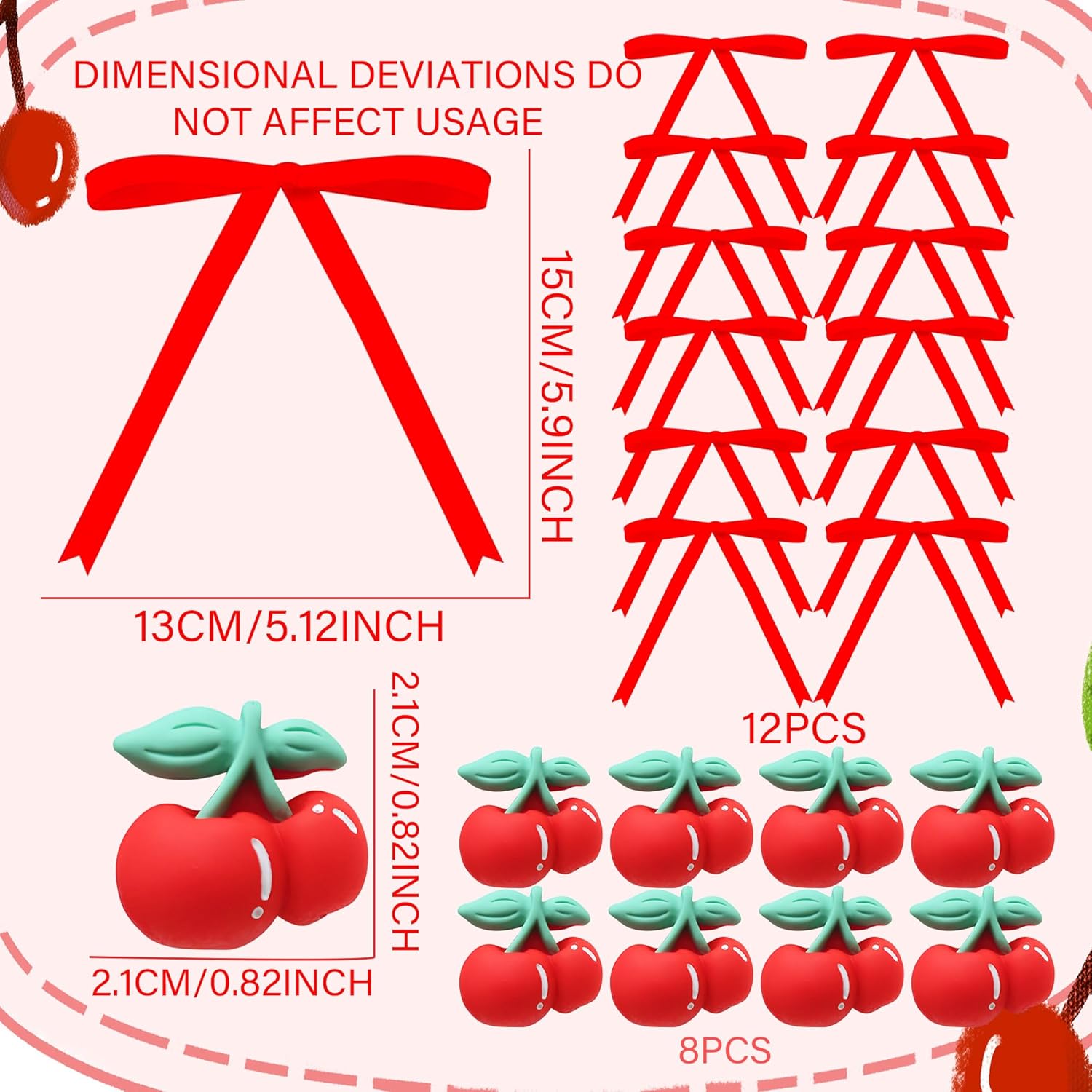 LaVenty Cherry Cake Decorations and Bow Cake Toppers Cherry Party Decorations Bowknot Ribbons Coquette Bow Cake Dessert Picks for Decorations Bridal Baby Shower Birthday Wedding