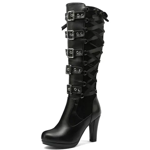 Women's Classic Punk Chic Closed-Toe Zip-Lace-Strap Gothic Knee-High Boots - 3.54" Block Heel Chunky Style, Buckle Platform, Rubber Sole, Business & Party Footwear