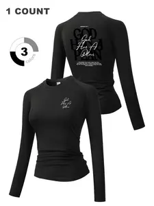 'god Has a Plan' Graphic Print Women's Tight Long Sleeve Sporty Top, Round Neck Quick-Dry Breathable Stretch Yoga Running Fitness Training Shirt, Dry Fit Activewear
