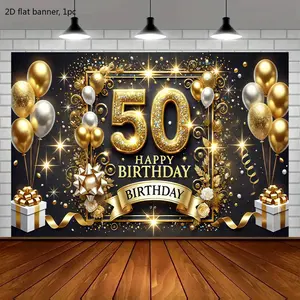 2D flat banner, 1 piece, a 50th birthday party banner made of polyester fiber, suitable for background display in various celebration events. It features a gold and black theme and is applicable for indoor and outdoor activities. kdj
