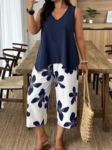Plus Size Casual Set, Summer Sleeveless Top + Floral Wide Leg Pants, Loose Fit, Comfortable Fabric, Daily/travel/home