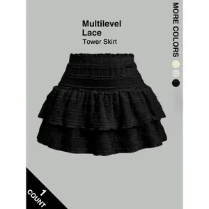 Women's High Waist Ruffled Pleated Mini Skirt with Lace, Double-Layer Flared Design, Comfortable Soft Fabric, Fashionable Elegant Short Skirt Suitable for Outdoor Leisure Daily Wear