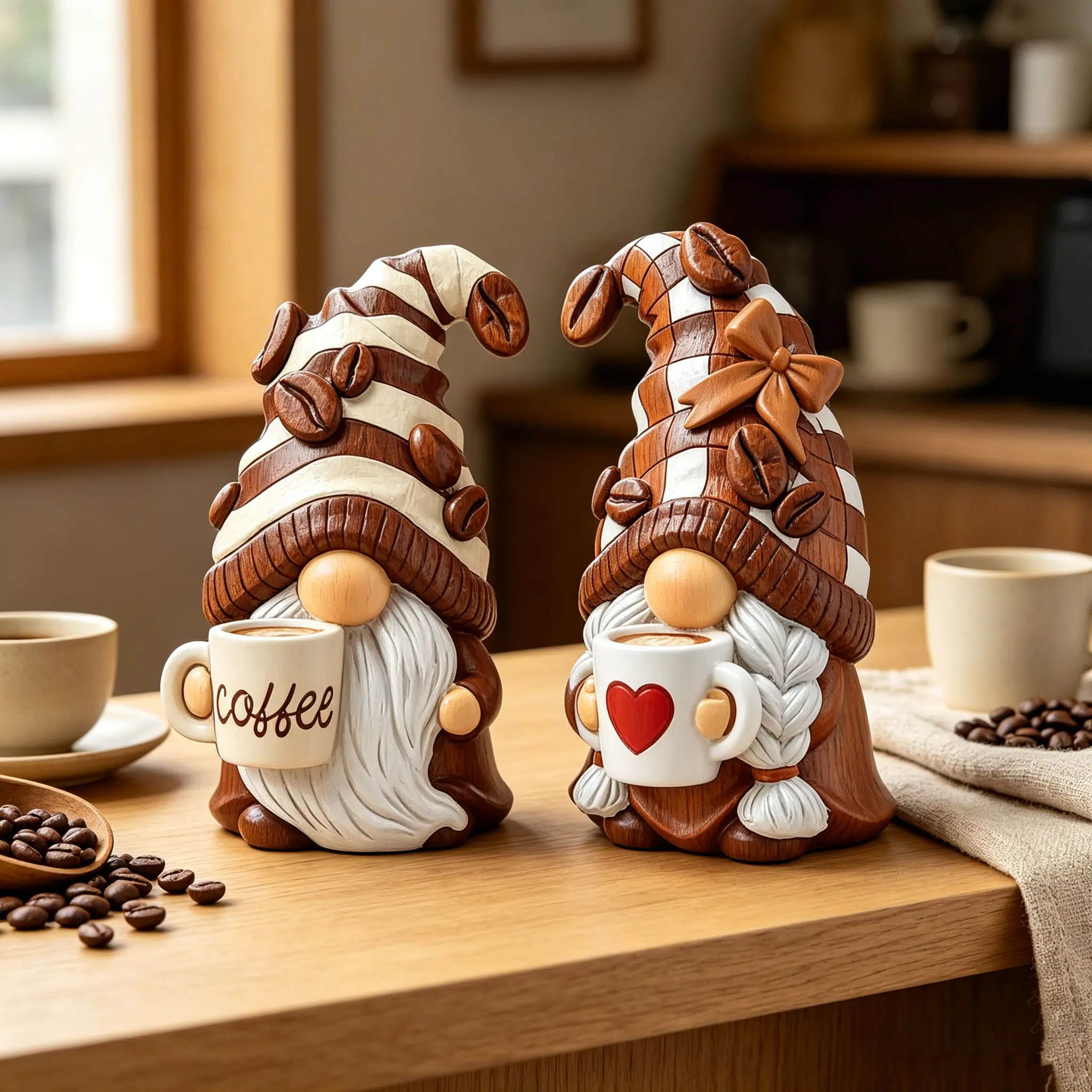Sangeren 2Pcs Coffee Theme Gnome Resin Figurine Set, Coffee Bean Gnome Statue, Farmhouse Coffee Bar Tabletop Decor, Tiered Tray Kitchen Ornament
