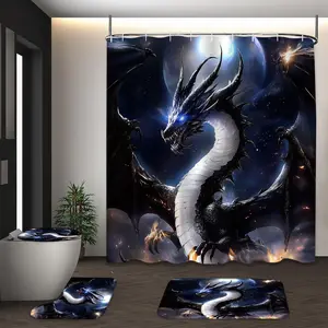 LVRLVR 4Pcs Black Dragon Space Fire Print Dark Fantasy Multi-Color Shower Curtain Set 70.8×70.8 Inch
