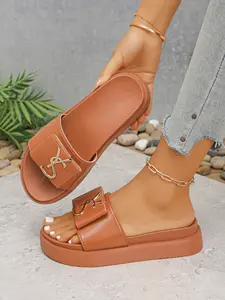 Women's Thick Sole Sandals, Summer Indoor Outdoor Fashion New Arrival, Stylish Cool Slippers, PU Leather Rubber Sole, Open-Toe Design