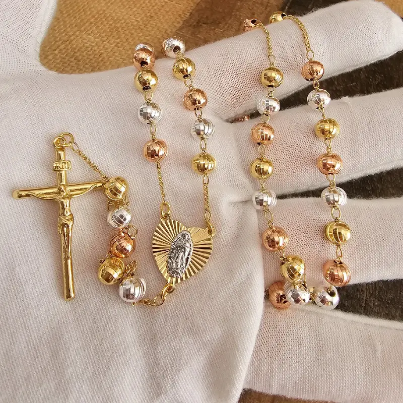 Gold Plated Virgen de Guadalupe Heart Rosary - 26 Inches Long