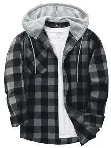 Men's Plaid Print Button Front Drawstring Hooded Shirt,Men's Vintage Shirts Streetwear
