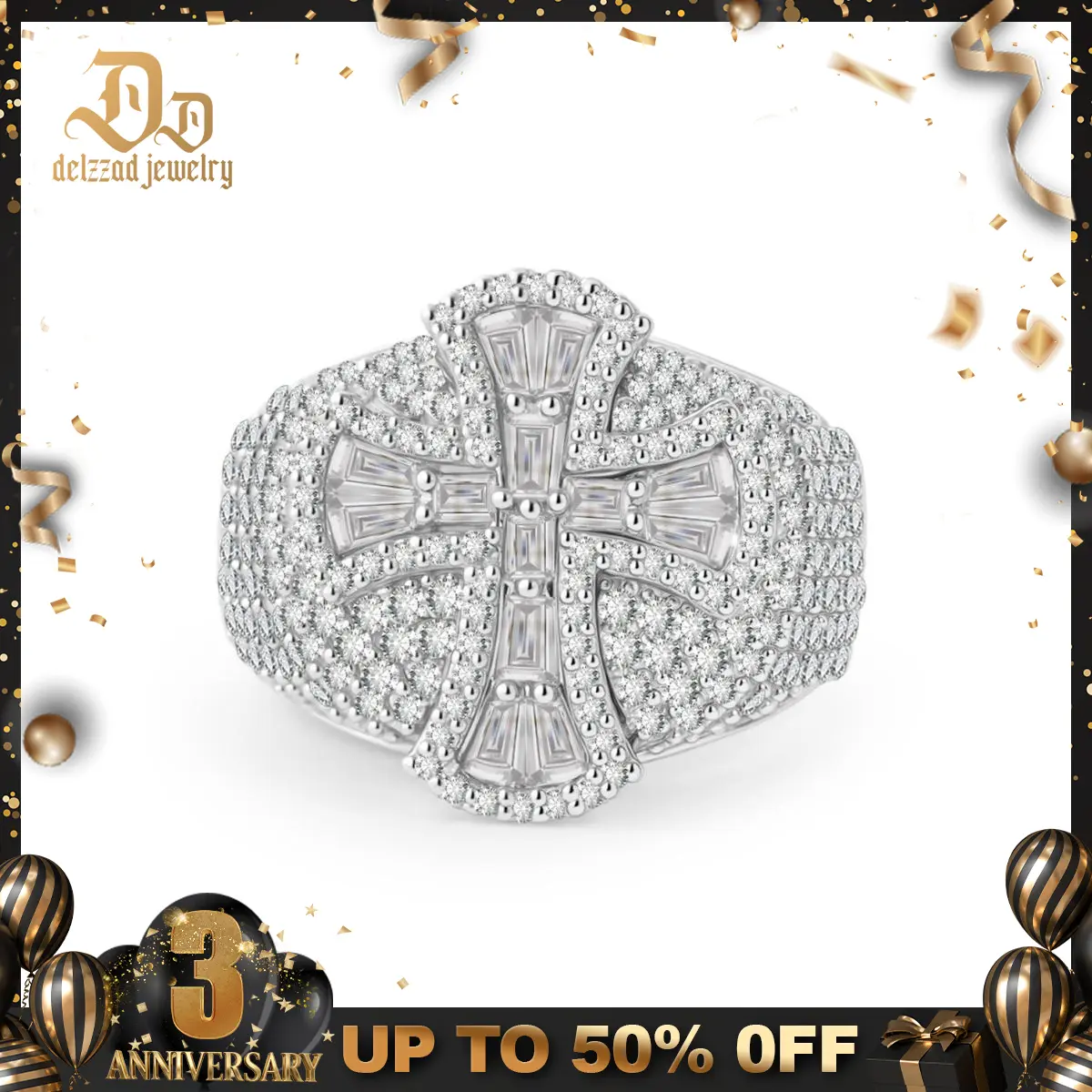Delzzad 14K Gold-Plated 2ct Eternal Pillar Ring Fully Iced Out Ring Gothic Ring Band VVS Synthetic Moissanite Ring Jewelry Hip Hop Cross Ring Perfect Birthday Engagement Wedding Anniversary Christmas Valentine's Day Gift
