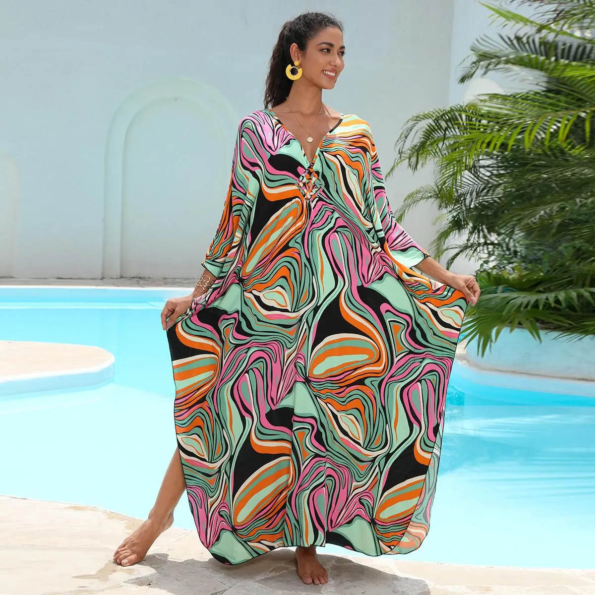 Women's Plus Size Kaftan Dress, Bohemian 100% Viscose Loose Fit Summer Beach Coverup with V-Neck and Side Splits, Hand Wash