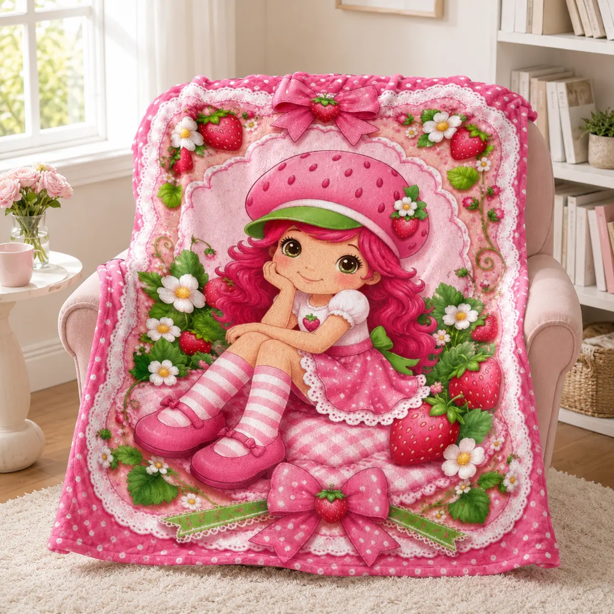 Strawberry Girl Flannel Throw Blanket, Cute Pink Cottagecore Fleece Blanket with Bows & Floral Design, Soft Cozy Lightweight Bed Couch Decor, Sweet Gift for Girls & Women