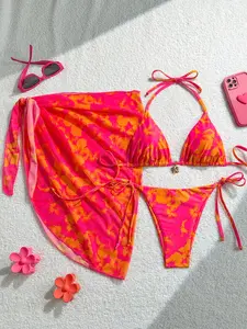 Women's New Full-Print Sexy Beach Casual Vacation Fashion Three-Piece Bikini Floral Swimsuit Set, Fitted All over Print, All Seasons