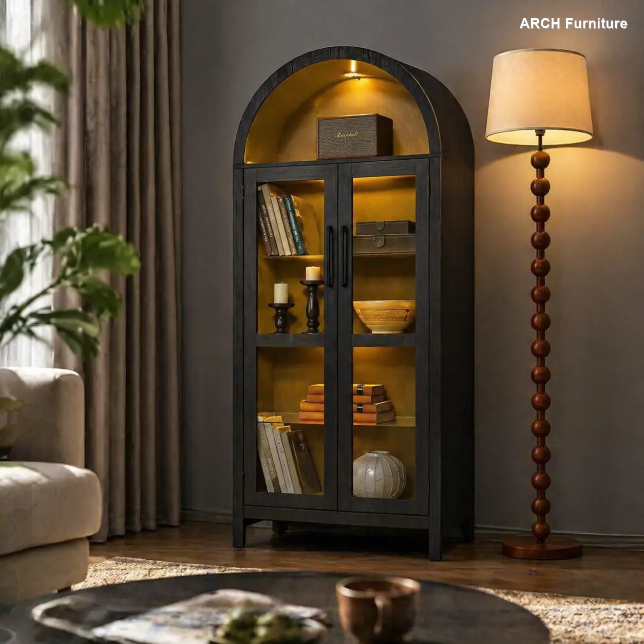 Modern Retro High-Arched Black MDF Wood Storage Cabinet with Lamp, Adjustable Glass Panels & Shelves, Raised ft, Multi-Functional Indoor Cupboard, Apartment Furniture, Multi-Layered Glass Cabinets, Display Cabinets, Integrated Cabinet Doors