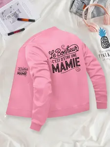 "MAMIE" Letter Printed Bomber Jacket for Women - Zip-Up Casual Jacket, Stand Collar, Polyester Knit Fabric, Fitted Design, Pocket Detail, Suitable for Autumn & Winter.