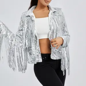 Women's Sequin Party Jackets Sparkly Long Sleeve Open Front Tassel Jackets Blazers Clubwear