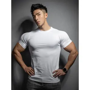 Men's sports and leisure running gym exercise strength training elastic quick-drying solid color short-sleeved T-shirt