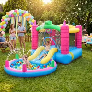 Bounce Inflatable House with 350W Air Blower, Jumping Children Outdoor Castle for Backyard, Park, Kindergarten, Bouncy Water Slide W/Pool, Carrying Bag - Capacity: 3 Kids