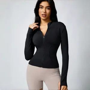 Black Sculpting Zip Up Yoga Jacket Slim Fit Tummy Control Athletic Track Top Stand Collar Fitted Activewear for Women