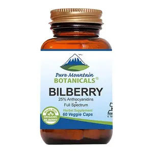 Pure Mountain Botanicals Bilberry Extract Supplement Vegan Kosher Capsules with 250mg Organic Bilberry Leaf & 50mg Potent Extract of Billberries