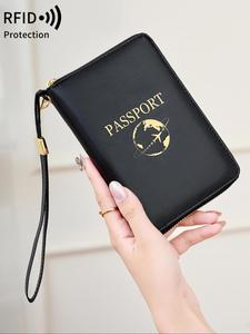 solid color passport case with card slot, travel essentials, pu leather wallet with wristband, modern style passport protector for women & men, passport cover, durable card organizer holder, travel accessories