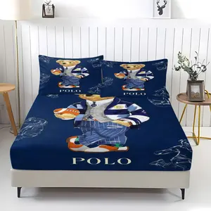 Preppy Bear Football Fitted Sheet Set, 3-Piece (1 Fitted Sheet + 2 Pillowcases) Soft Microfiber Bedding, Classic Navy Blue Design – Perfect Gift for Preppy Style Lovers & Kids