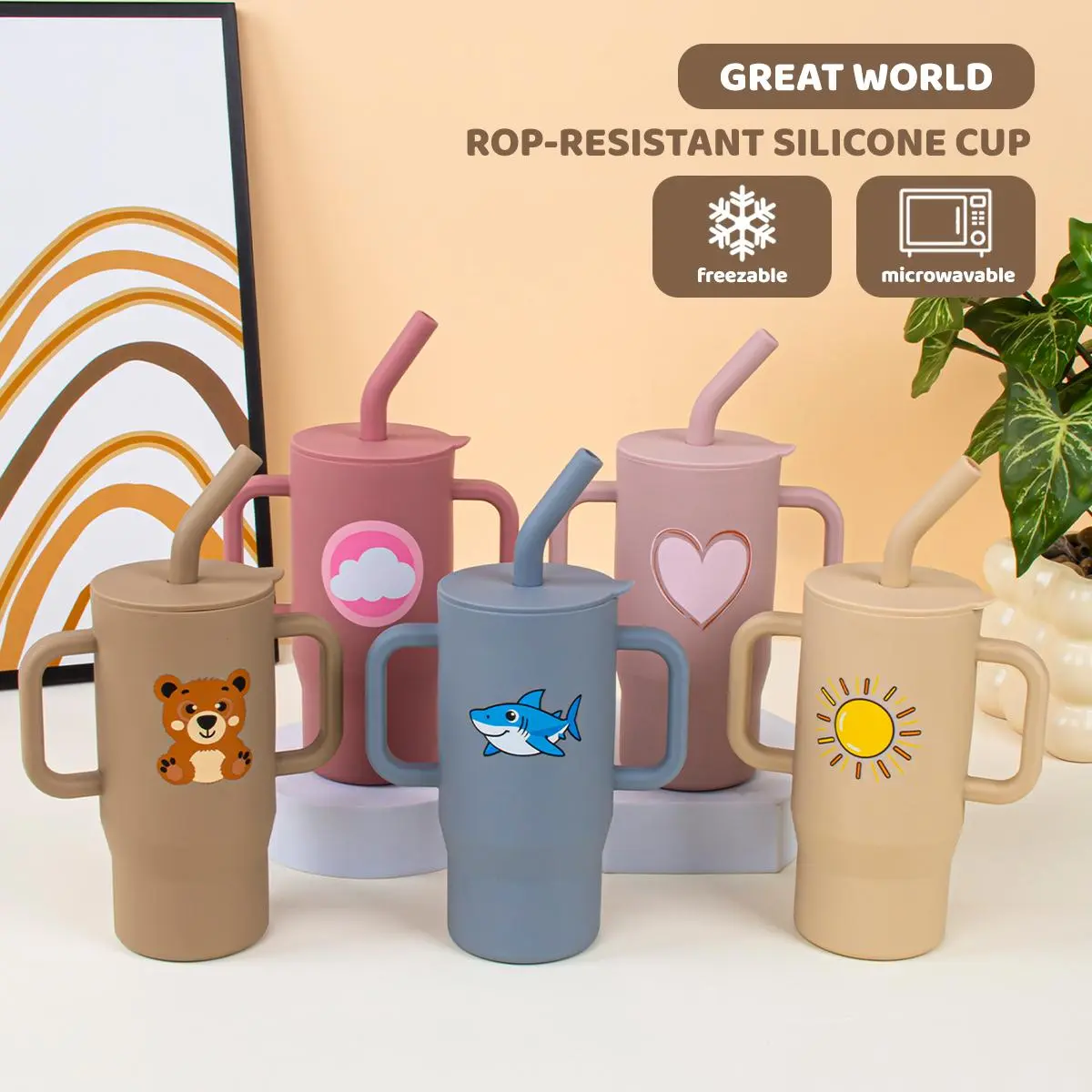 VODVOB 2/1 pack Printed Silicone Baby Cup – BPA-Free Spill-Proof Training Cup with Cute Designs & Handles for Toddlers Drinking Feeding Supplies Bowl Straw Infant