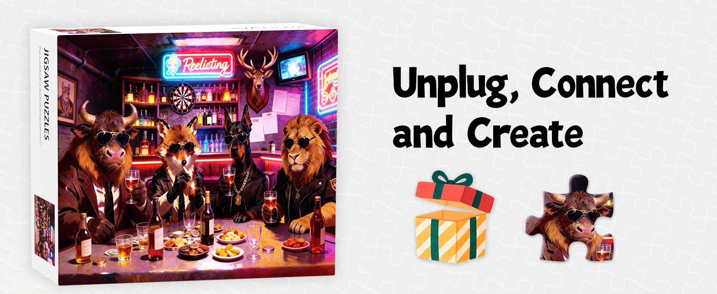 Jigsaw Puzzles for Adults 1000 Pieces, Neon Bar Animals in Suits Vintage Pop Art Jigsaw with Fox, Lion, Bull & Dog in Shades, 28x20 Inch Cool Wall Art