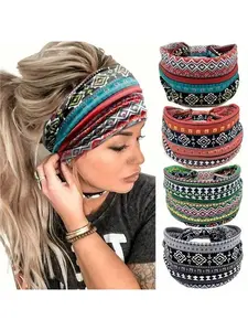 4pcs Boho Chic Wide Headbands for Women, 4pcs Sweat-Wicking, Lightweight Yoga & Sports Hair Bands, Vintage Print Design