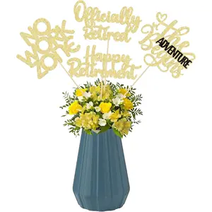 16Pcs Happy Retirement Centerpiece Sticks Officially Retired Table Flower No Work Zone Floral Decorations for Farewell Birthday Party Centerpiece Supplies Gold