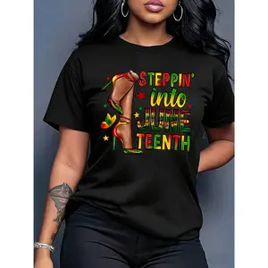 100% cotton women's casual "Stepin' Into Juneteenth" graphic T-shirt - short sleeves, round neck, white with colorful lettering and boot design, fashionable spring/summer top.